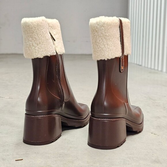 Brown Faux Leather Block Heel Boots With Shearling Cuff & Side Zipper Closure - Picture 7 of 7